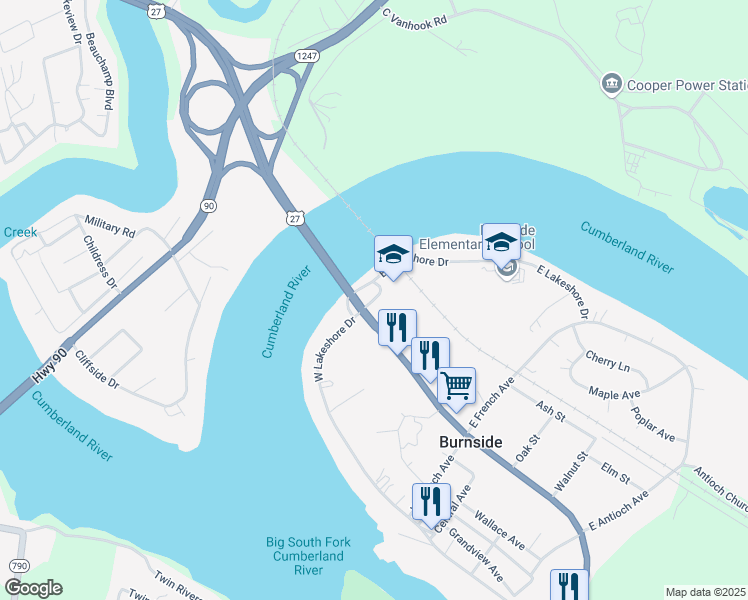 map of restaurants, bars, coffee shops, grocery stores, and more near US-27 Ramp in Burnside