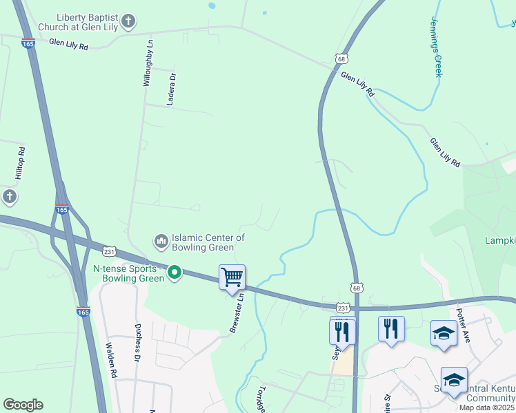 map of restaurants, bars, coffee shops, grocery stores, and more near 547 Walnut Creek Drive in Bowling Green