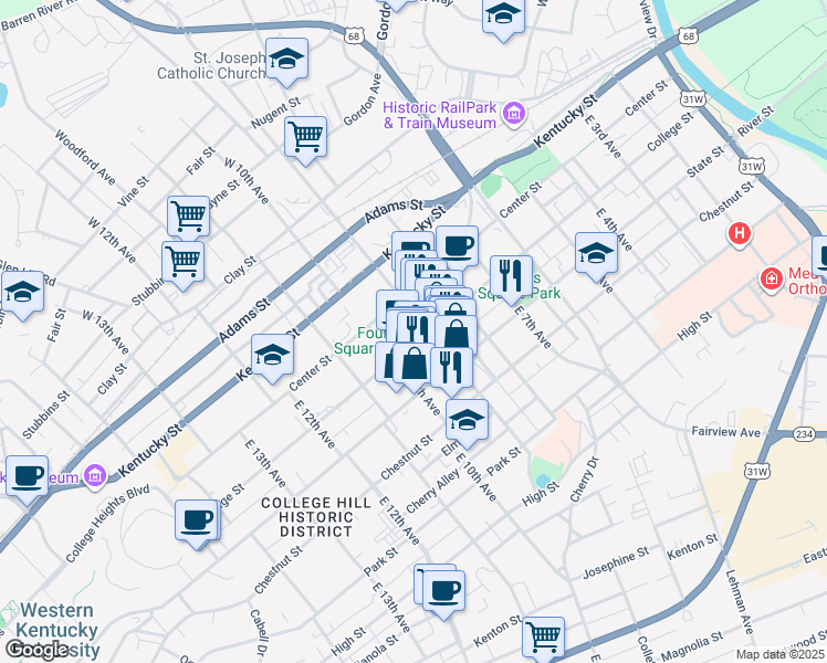 map of restaurants, bars, coffee shops, grocery stores, and more near 300 E Main Ave in Bowling Green