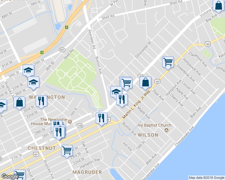 map of restaurants, bars, coffee shops, grocery stores, and more near 380 Poplar Avenue in Newport News