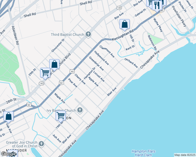 map of restaurants, bars, coffee shops, grocery stores, and more near 111 Locust Avenue in Hampton