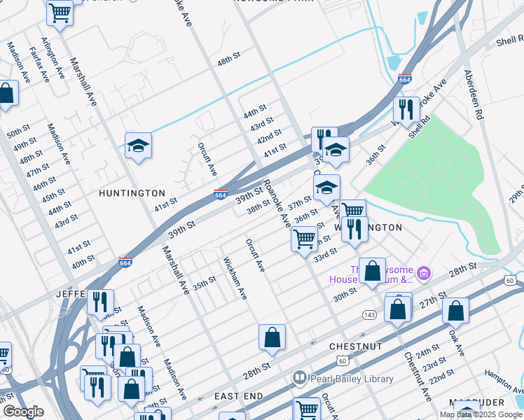 map of restaurants, bars, coffee shops, grocery stores, and more near 1040 38th Street in Newport News