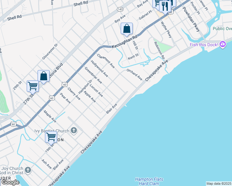 map of restaurants, bars, coffee shops, grocery stores, and more near 58 Greenbriar Avenue in Hampton