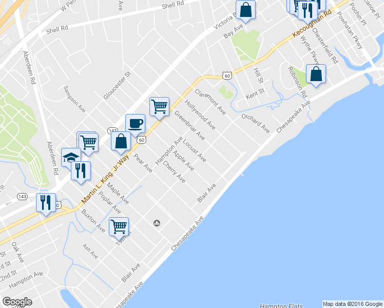 map of restaurants, bars, coffee shops, grocery stores, and more near 111 Locust Avenue in Hampton