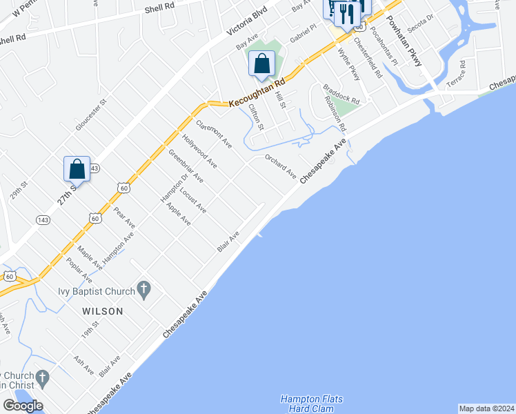 map of restaurants, bars, coffee shops, grocery stores, and more near 2 Hollywood Avenue in Hampton