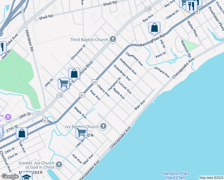 map of restaurants, bars, coffee shops, grocery stores, and more near 141 Apple Avenue in Hampton