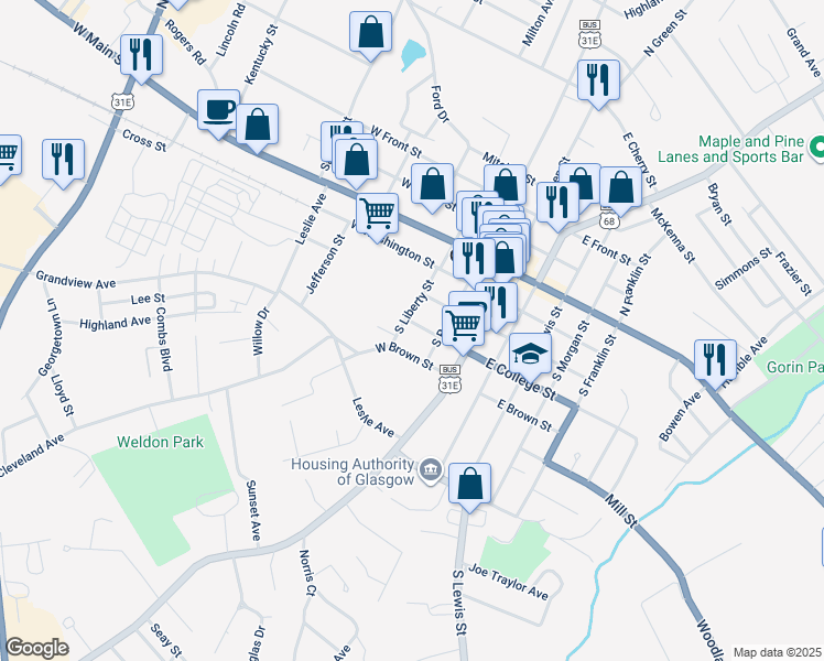 map of restaurants, bars, coffee shops, grocery stores, and more near 215 West College Street in Glasgow