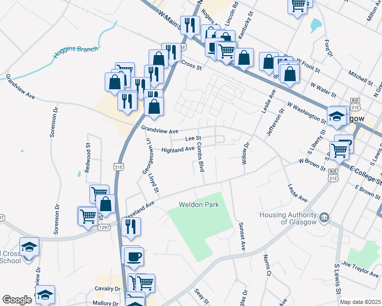 map of restaurants, bars, coffee shops, grocery stores, and more near 203 Highland Avenue in Glasgow
