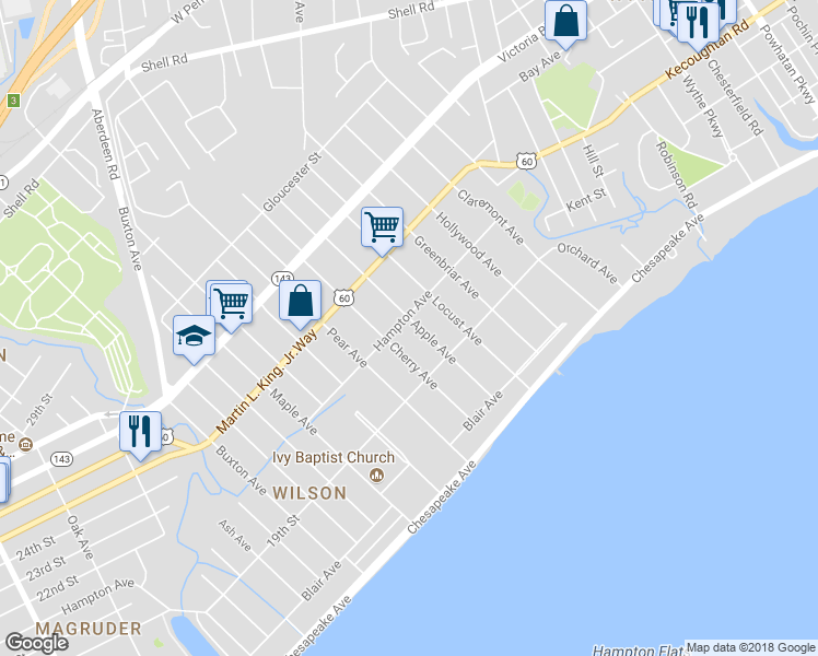 map of restaurants, bars, coffee shops, grocery stores, and more near 141 Apple Avenue in Hampton