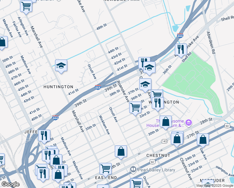 map of restaurants, bars, coffee shops, grocery stores, and more near 1040 38th Street in Newport News
