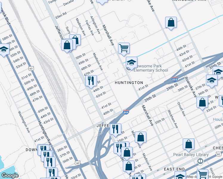map of restaurants, bars, coffee shops, grocery stores, and more near 4298 Madison Avenue in Newport News