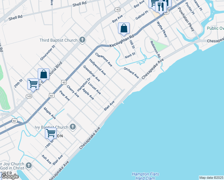 map of restaurants, bars, coffee shops, grocery stores, and more near 48 Greenbriar Avenue in Hampton