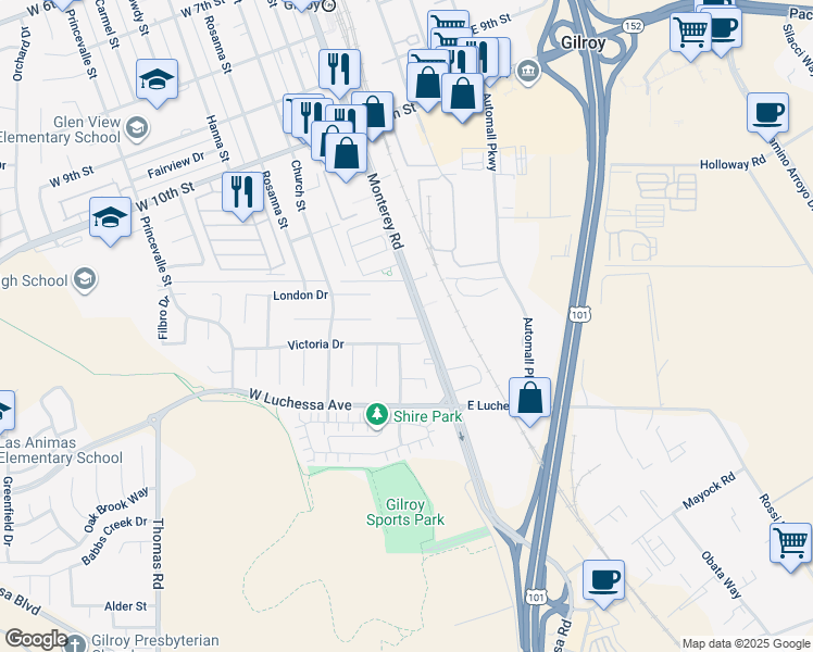 map of restaurants, bars, coffee shops, grocery stores, and more near 6500 Monterey Road in Gilroy