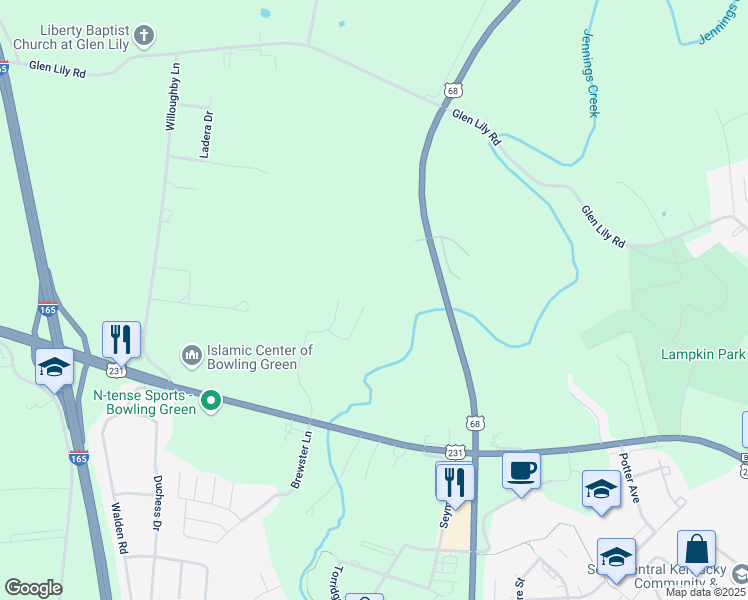 map of restaurants, bars, coffee shops, grocery stores, and more near 324 Walnut Creek Court in Bowling Green