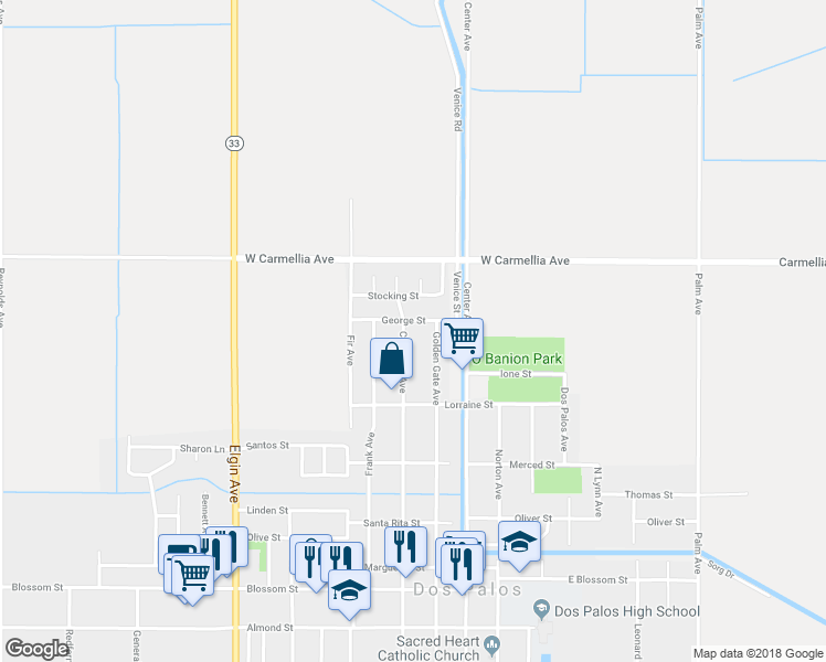 map of restaurants, bars, coffee shops, grocery stores, and more near 815 California Avenue in Dos Palos