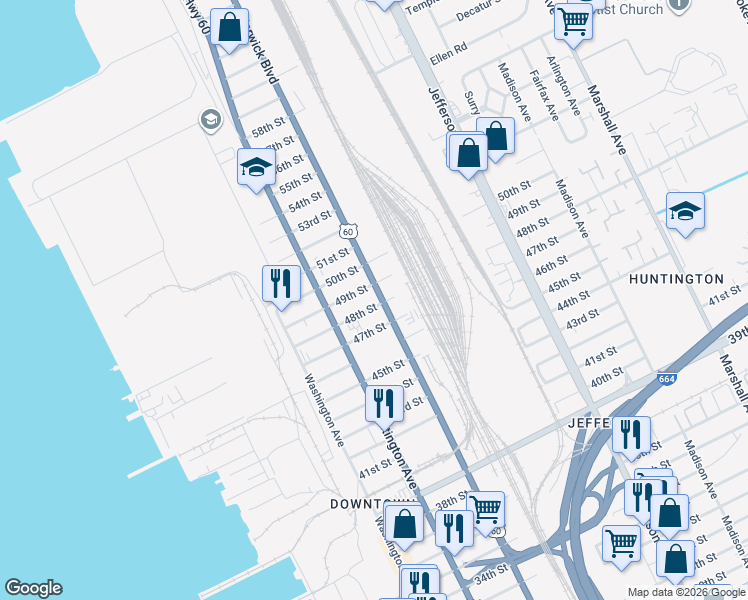 map of restaurants, bars, coffee shops, grocery stores, and more near 4806 Warwick Boulevard in Newport News