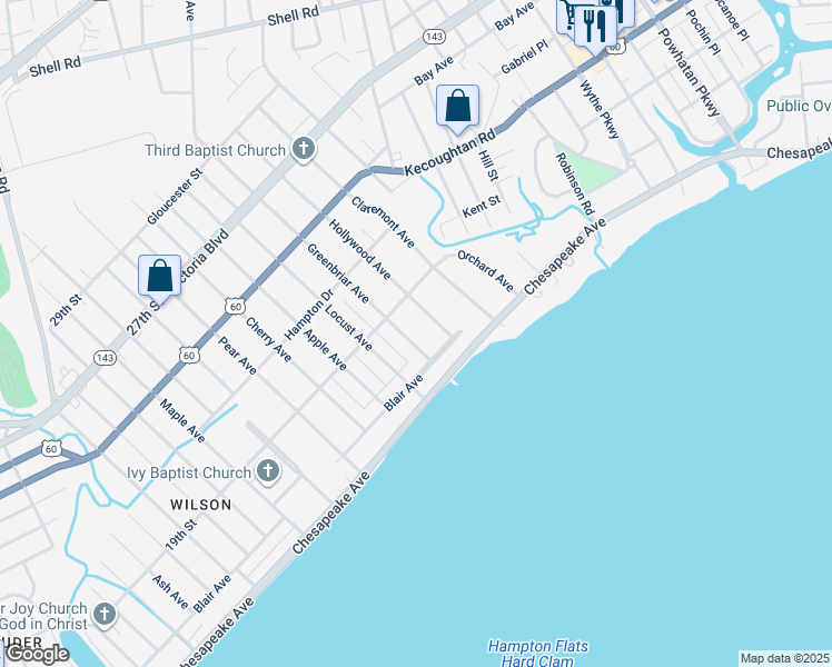 map of restaurants, bars, coffee shops, grocery stores, and more near 48 Greenbriar Avenue in Hampton