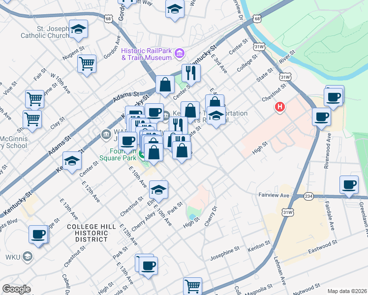 map of restaurants, bars, coffee shops, grocery stores, and more near 634 State Street in Bowling Green