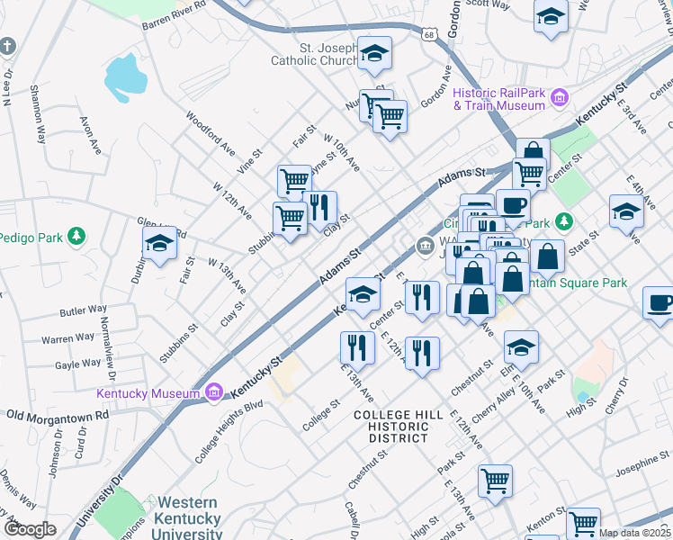 map of restaurants, bars, coffee shops, grocery stores, and more near Adams Street in Bowling Green