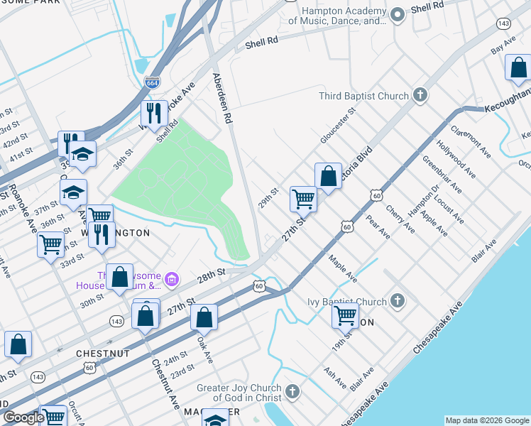 map of restaurants, bars, coffee shops, grocery stores, and more near 397 Maple Avenue in Newport News