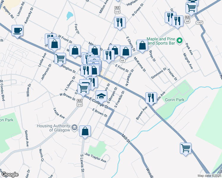 map of restaurants, bars, coffee shops, grocery stores, and more near 302 East Main Street in Glasgow