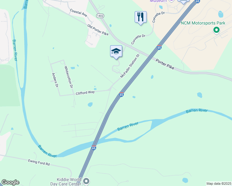 map of restaurants, bars, coffee shops, grocery stores, and more near 401 McFadin Station Street in Bowling Green