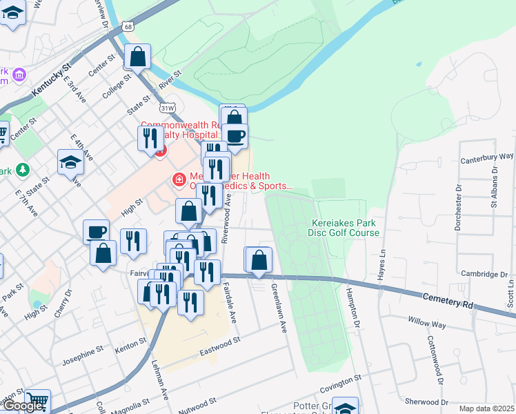 map of restaurants, bars, coffee shops, grocery stores, and more near 227 Riverwood Avenue in Bowling Green