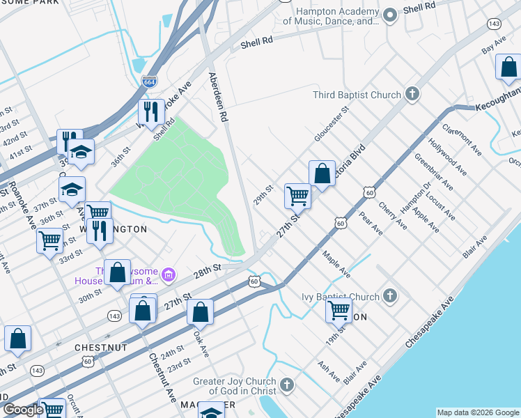 map of restaurants, bars, coffee shops, grocery stores, and more near 397 Maple Avenue in Newport News