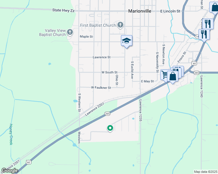 map of restaurants, bars, coffee shops, grocery stores, and more near 675 South Missouri Street in Marionville