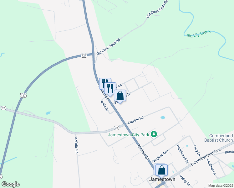 map of restaurants, bars, coffee shops, grocery stores, and more near Sparks Avenue in Jamestown
