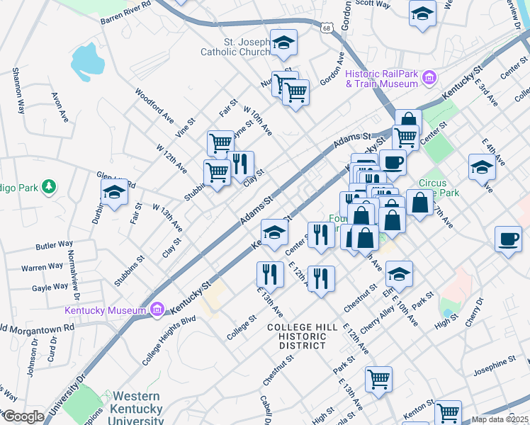 map of restaurants, bars, coffee shops, grocery stores, and more near 1144 Adams Street in Bowling Green