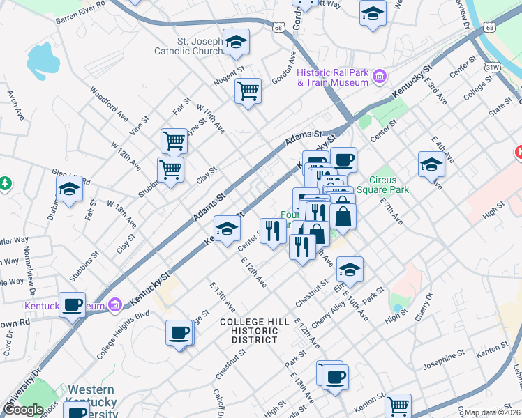 map of restaurants, bars, coffee shops, grocery stores, and more near 1020 Kentucky Street in Bowling Green