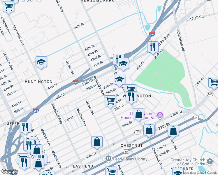map of restaurants, bars, coffee shops, grocery stores, and more near 1124 37th Street in Newport News