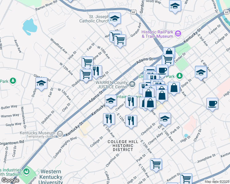 map of restaurants, bars, coffee shops, grocery stores, and more near 1117 Kentucky Street in Bowling Green