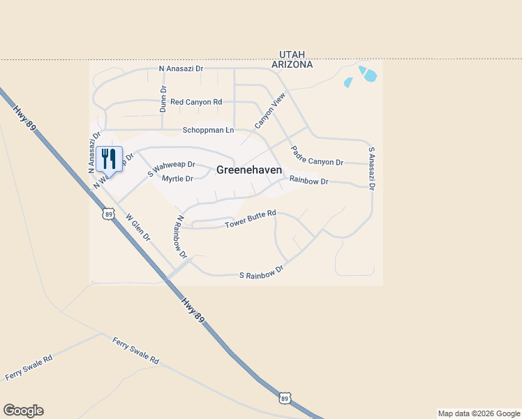 map of restaurants, bars, coffee shops, grocery stores, and more near 392 Rainbow Drive in Page