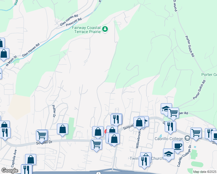 map of restaurants, bars, coffee shops, grocery stores, and more near 3410 Victory Lane in Soquel