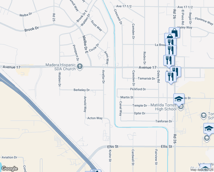 map of restaurants, bars, coffee shops, grocery stores, and more near 16845 Avellar Drive in Madera