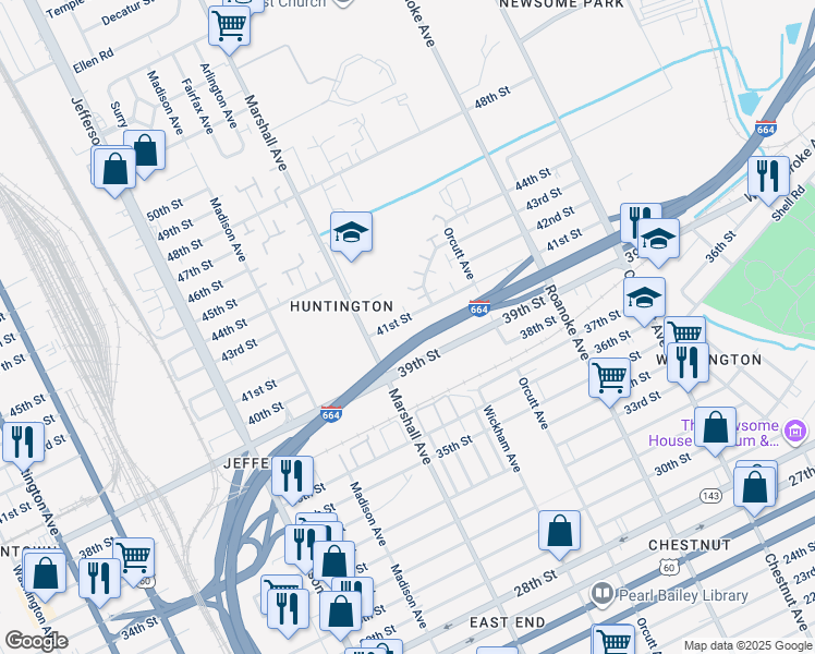 map of restaurants, bars, coffee shops, grocery stores, and more near 812 41st Street in Newport News