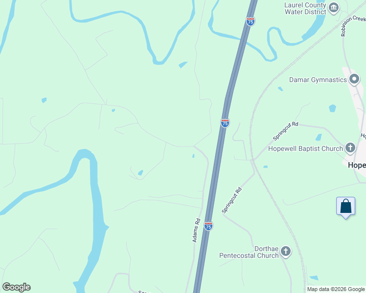 map of restaurants, bars, coffee shops, grocery stores, and more near 1261 Adams Road in Corbin