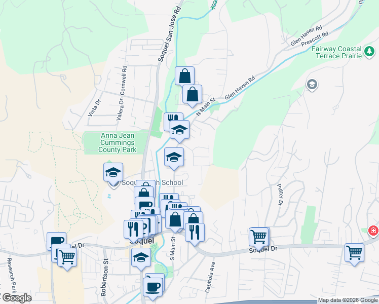 map of restaurants, bars, coffee shops, grocery stores, and more near 3555 Sevilla Drive in Soquel