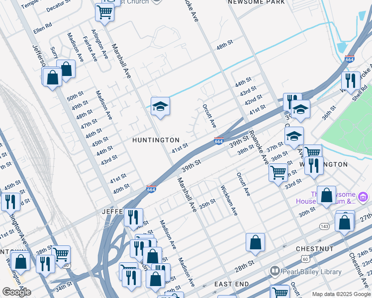 map of restaurants, bars, coffee shops, grocery stores, and more near 812 41st Street in Newport News