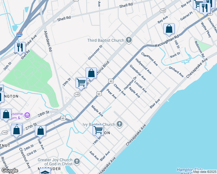 map of restaurants, bars, coffee shops, grocery stores, and more near 700 Kecoughtan Road in Hampton