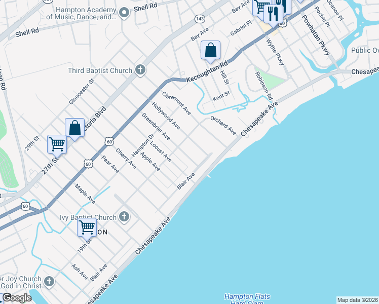 map of restaurants, bars, coffee shops, grocery stores, and more near 58 Greenbriar Avenue in Hampton