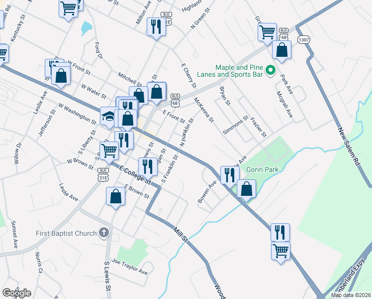 map of restaurants, bars, coffee shops, grocery stores, and more near 100-198 North Franklin Street in Glasgow