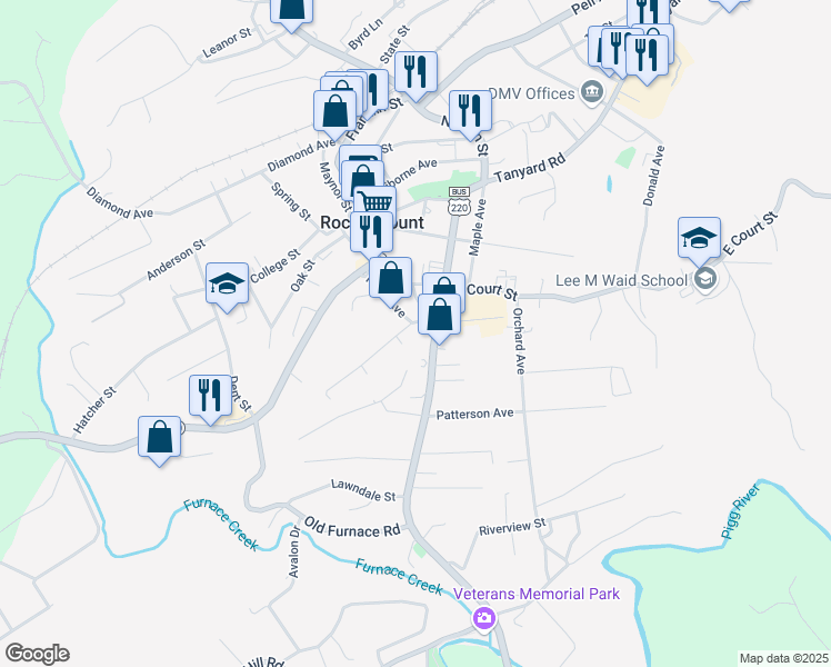 map of restaurants, bars, coffee shops, grocery stores, and more near 180 Floyd Avenue in Rocky Mount