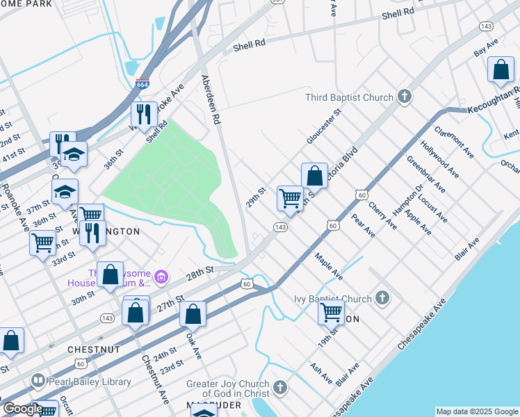 map of restaurants, bars, coffee shops, grocery stores, and more near 383 Maple Avenue in Newport News