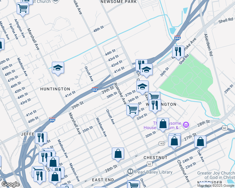 map of restaurants, bars, coffee shops, grocery stores, and more near 1056 38th Street in Newport News