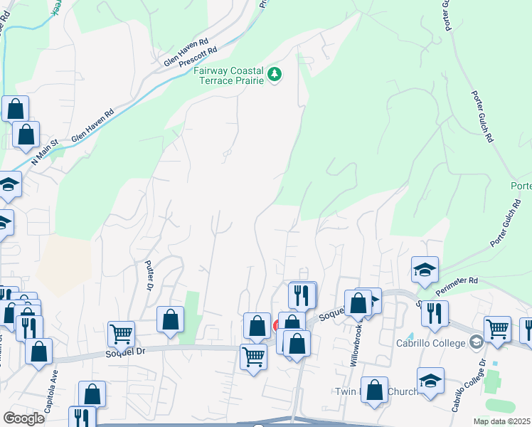 map of restaurants, bars, coffee shops, grocery stores, and more near 3410 Victory Lane in Soquel