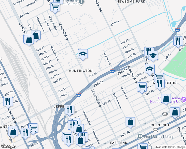 map of restaurants, bars, coffee shops, grocery stores, and more near 831 41st Street in Newport News