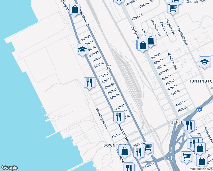 map of restaurants, bars, coffee shops, grocery stores, and more near 329 49th Street in Newport News